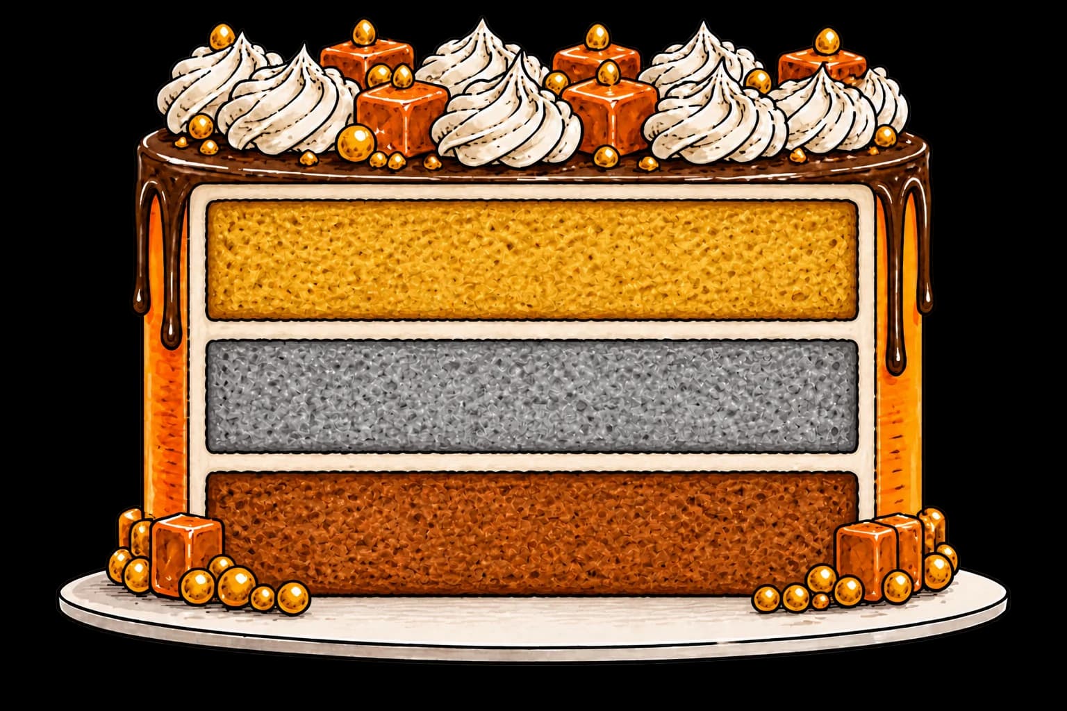 The rear half of a frosted layer cake, cut straight across, showing three layers of sponge: gold on top, silver in the middle, bronze at the base.